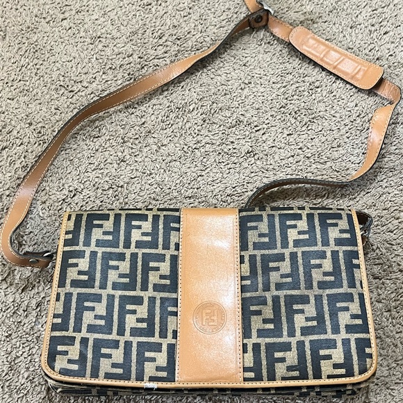 Fendi Handbags - Authentic Vintage Fendi Zucca Brown Coated Canvas & Leather Crossbody
Purse Bag